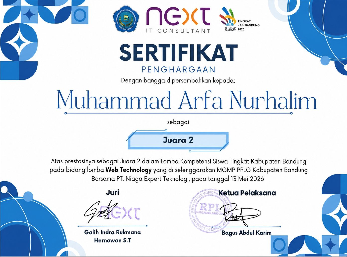 Sertifikat Juara 2 LKS Tingkat Kabupaten