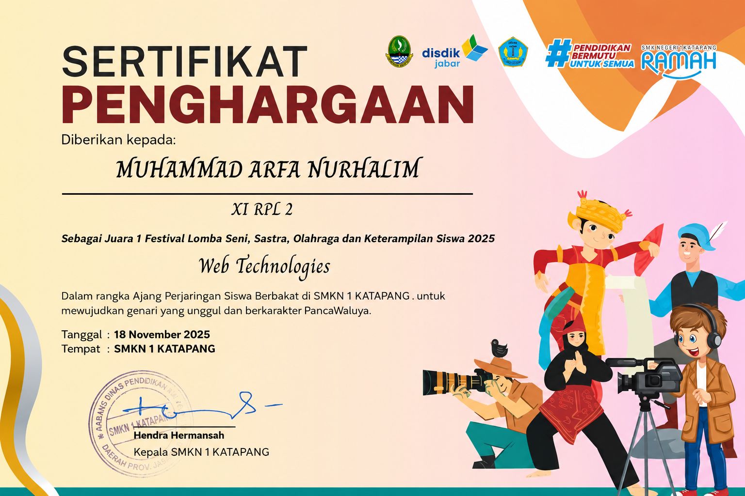 Sertifikat Juara 1 LKS Tingkat Sekolah